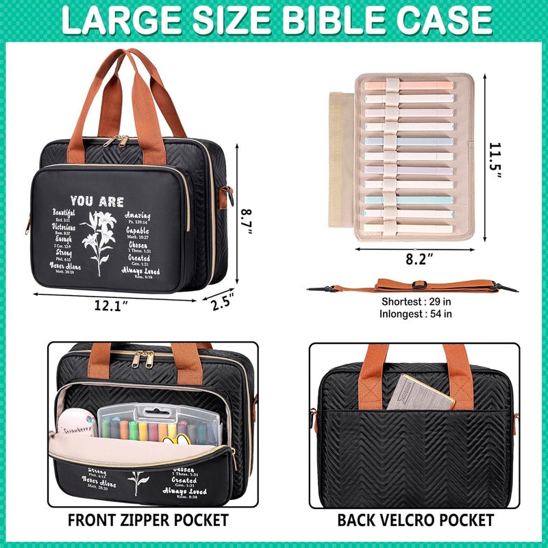 TuErCao Bible Cover Case for Women Men Study Supplies Bag Christian Catholic Spiritual Gifts Accessories with Shoulder Strap and Detachable Pen Highlighters Slots - Image 2